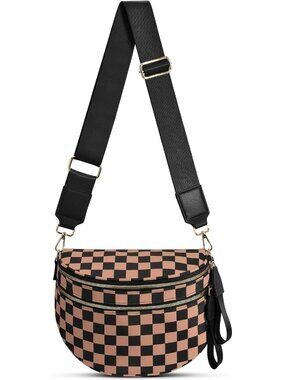 Women's Khaki Bum Bag Spacious Nylon Fanny Packs Checkered Cross Body Bag